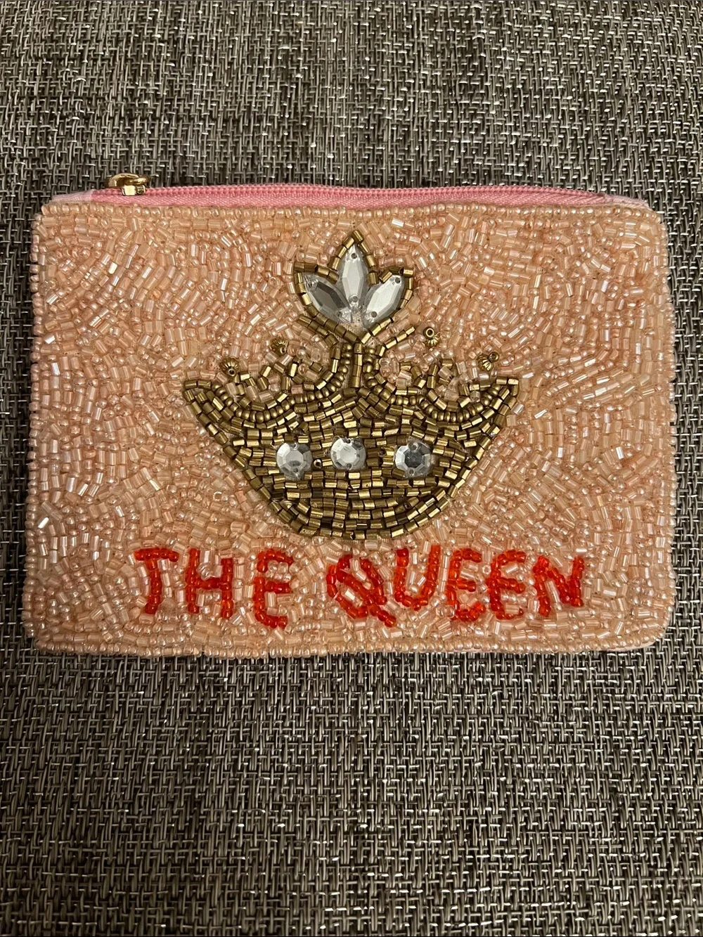 Beaded 'The Queen' Pink Zip Pouch